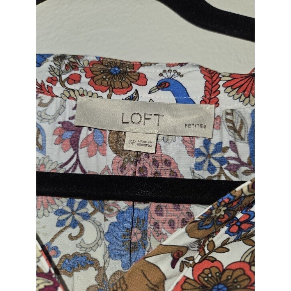 LOFT Petites Floral Bird Print Dress Women's SP 3/4 Sleeve Mini Shift - Picture 4 of 4